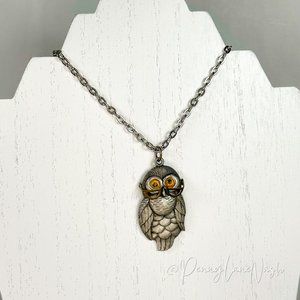 Vintage Owl w/ Glasses & Crazy Orange Eyes Pendant Necklace